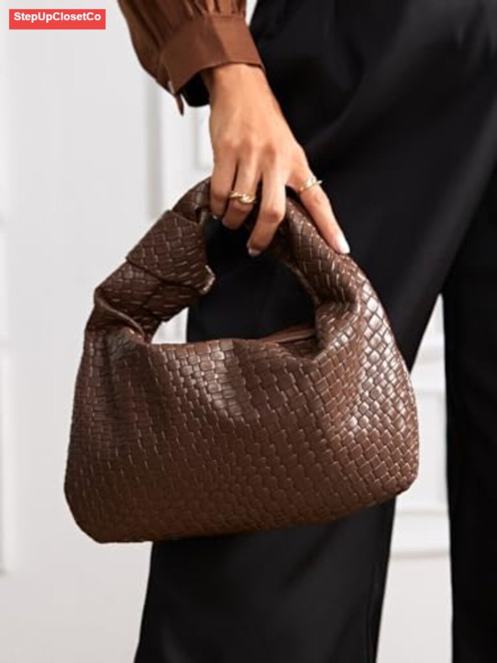Woven Hobo Bag for Women Knot Strap Handbags PU Leather Dumpling Clutch Purse - Picture 4 of 6
